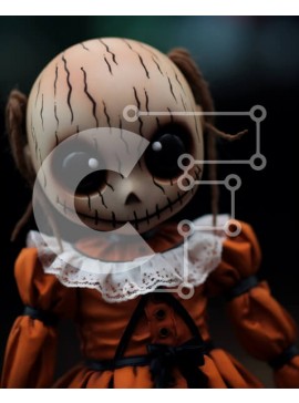 Intra Συλλεκτικό Ξύλινο Παζλ Plywood  4mm - Ανατριχιαστική κούκλα σε πορτοκαλί φόρεμα με ρίγες Σε Ξύλινο Κουτί - Διαστάσεις Puzzle: 10x10 cm – 25 κομμάτια