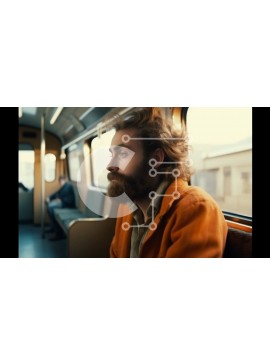 Intra Συλλεκτικό Ξύλινο Παζλ Plywood  4mm - Άνδρας με πορτοκαλί μπουφάν που κάθεται στο τρένο και κοιτάζει έξω από το παράθυρο Σε Ξύλινο Κουτί - Διαστάσεις Puzzle: 10x10 cm – 25 κομμάτια