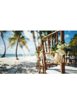 Intra Συλλεκτικό Ξύλινο Παζλ Plywood  4mm - Ξύλινες καρέκλες γάμου παραλίας με φοίνικες και λευκά λουλούδια Σε Ξύλινο Κουτί - Διαστάσεις Puzzle: 10x10 cm – 25 κομμάτια