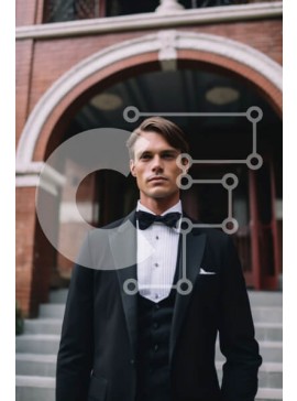 Intra Συλλεκτικό Ξύλινο Παζλ Plywood  4mm - Κομψός άνδρας με σμόκιν με τα χέρια στις τσέπες στα σκαλιά κτιρίου από τούβλα Σε Ξύλινο Κουτί - Διαστάσεις Puzzle: 10x10 cm – 25 κομμάτια