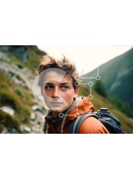 Intra Συλλεκτικό Ξύλινο Παζλ Plywood  4mm - Νεαρός άνδρας που στέκεται στο Rocky Mountain Trail με το σακίδιο Σε Ξύλινο Κουτί - Διαστάσεις: 10x10 cm – 25 κομμάτια