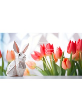 Intra Συλλεκτικό Ξύλινο Παζλ Plywood  4mm - Λευκό κουνέλι Origami με κόκκινες τουλίπες Σε Ξύλινο Κουτί - Διαστάσεις Puzzle: 10x10 cm – 25 κομμάτια