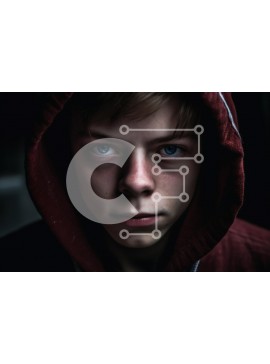 Intra Συλλεκτικό Ξύλινο Παζλ Plywood  4mm - Πορτρέτο ενός νεαρού άνδρα με κόκκινο κουκούλα με διαπεραστικά μπλε μάτια Σε Ξύλινο Κουτί - Διαστάσεις Puzzle: 10x10 cm – 25 κομμάτια