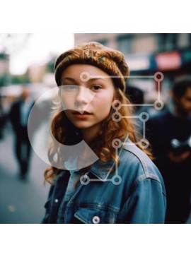 Intra Συλλεκτικό Ξύλινο Παζλ Plywood  4mm - Ουδέτερη έκφραση νεαρής γυναίκας με κόκκινα μαλλιά και τζιν μπουφάν στο City Street Σε Ξύλινο Κουτί - Διαστάσεις Puzzle: 10x10 cm – 25 κομμάτια