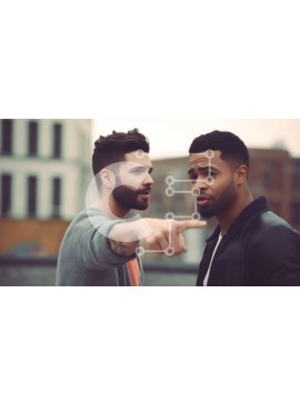 Intra Συλλεκτικό Ξύλινο Παζλ Plywood  4mm - Δύο νεαροί άντρες με casual ρούχα σε μια ταράτσα με θέα στον ορίζοντα της πόλης Σε Ξύλινο Κουτί - Διαστάσεις Puzzle: 10x10 cm – 25 κομμάτια