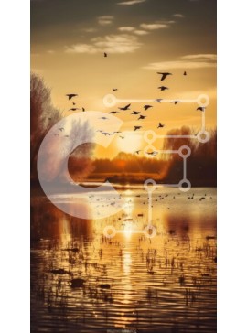 Σετ των 2 Intra Συλλεκτικό Ξύλινο Παζλ Plywood  4mm - Εκπληκτικό ηλιοβασίλεμα πάνω από μια γαλήνια λίμνη με πουλιά που αιωρούνται Σε Ξύλινο Κουτί - Διαστάσεις: 10x10 cm – 25 κομμάτια