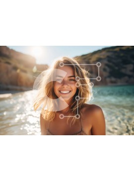 Intra Συλλεκτικό Ξύλινο Παζλ Plywood  4mm - Χαμογελαστή νεαρή γυναίκα με μπικίνι σε μια βραχώδη παραλία Σε Ξύλινο Κουτί - Διαστάσεις Puzzle: 10x10 cm – 25 κομμάτια