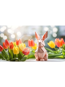 Intra Συλλεκτικό Ξύλινο Παζλ Plywood  4mm - Origami κουνέλι και πολύχρωμες τουλίπες - γιορτή της άνοιξης Σε Ξύλινο Κουτί - Διαστάσεις Puzzle: 10x10 cm – 25 κομμάτια