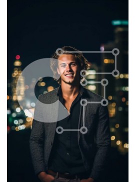 Intra Συλλεκτικό Ξύλινο Παζλ Plywood  4mm - Επαγγελματίας επιχειρηματίας που χαμογελά μπροστά από τον ορίζοντα της πόλης της νύχτας Σε Ξύλινο Κουτί - Διαστάσεις Puzzle: 10x10 cm – 25 κομμάτια