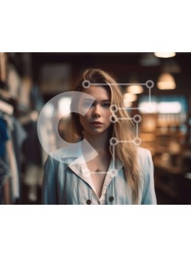 Σετ των 2 Intra Συλλεκτικό Ξύλινο Παζλ Plywood  4mm - Μοντέρνα γυναίκα με λευκό πουκάμισο και μπλε μπουφάν που στέκεται στο κατάστημα ρούχων Σε Ξύλινο Κουτί - Διαστάσεις: 10x10 cm – 25 κομμάτια