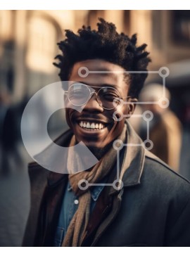 Intra Συλλεκτικό Ξύλινο Παζλ Plywood  4mm - Ευτυχισμένος αφροαμερικανός άνδρας στην πόλη με γυαλιά και κασκόλ Σε Ξύλινο Κουτί - Διαστάσεις Puzzle: 10x10 cm – 25 κομμάτια