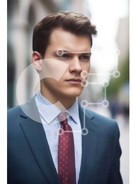 Intra Συλλεκτικό Ξύλινο Παζλ Plywood  4mm - Σοβαρός νεαρός άνδρας με μπλε κοστούμι και κόκκινη γραβάτα στο City Street Σε Ξύλινο Κουτί - Διαστάσεις Puzzle: 10x10 cm – 25 κομμάτια