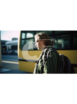 Intra Συλλεκτικό Ξύλινο Παζλ Plywood  4mm - Άνθρωπος στο πεζοδρόμιο με κίτρινο σχολικό λεωφορείο στο παρασκήνιο Σε Ξύλινο Κουτί - Διαστάσεις Puzzle: 10x10 cm – 25 κομμάτια