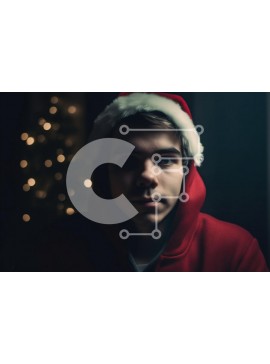 Intra Συλλεκτικό Ξύλινο Παζλ Plywood  4mm - Σοβαρός νεαρός άνδρας με καπέλο Άγιου Βασίλη και κόκκινο κουκούλα Σε Ξύλινο Κουτί - Διαστάσεις Puzzle: 10x10 cm – 25 κομμάτια