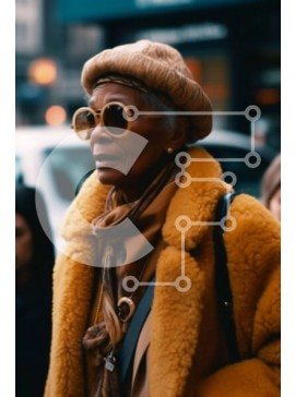 Intra Συλλεκτικό Ξύλινο Παζλ Plywood  4mm - Ηλικιωμένη γυναίκα με κίτρινο γούνινο παλτό που περπατά στην οδό της πόλης Σε Ξύλινο Κουτί - Διαστάσεις Puzzle: 10x10 cm – 25 κομμάτια