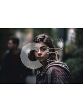 Intra Συλλεκτικό Ξύλινο Παζλ Plywood  4mm - Σοβαρή νεαρή γυναίκα που φοράει κουκούλα που στέκεται σε ένα πεζοδρόμιο Σε Ξύλινο Κουτί - Διαστάσεις Puzzle: 10x10 cm – 25 κομμάτια