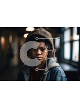 Intra Συλλεκτικό Ξύλινο Παζλ Plywood  4mm - Πορτρέτο μιας σοβαρής γυναίκας με σγουρά μαλλιά που φορά ένα μπουφάν μπουφάν και τζιν Σε Ξύλινο Κουτί - Διαστάσεις Puzzle: 10x10 cm – 25 κομμάτια