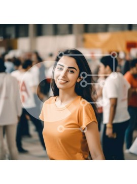 Intra Συλλεκτικό Ξύλινο Παζλ Plywood  4mm - Νεαρή γυναίκα με σγουρά μαλλιά και πορτοκαλί πουκάμισο που χαμογελά στο πλήθος Σε Ξύλινο Κουτί - Διαστάσεις Puzzle: 10x10 cm – 25 κομμάτια