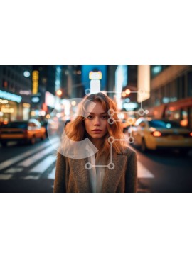 Intra Συλλεκτικό Ξύλινο Παζλ Plywood  4mm - Σοβαρή νεαρή γυναίκα με καφέ παλτό στην πολυσύχναστη οδό της πόλης τη νύχτα Σε Ξύλινο Κουτί - Διαστάσεις Puzzle: 10x10 cm – 25 κομμάτια