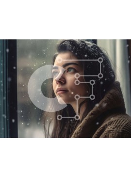 Intra Συλλεκτικό Ξύλινο Παζλ Plywood  4mm - Στοχαστική νεαρή γυναίκα που παρακολουθεί τη χιονόπτωση έξω Σε Ξύλινο Κουτί - Διαστάσεις Puzzle: 10x10 cm – 25 κομμάτια