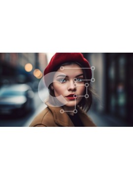 Intra Συλλεκτικό Ξύλινο Παζλ Plywood  4mm - Σοβαρή νεαρή γυναίκα με κόκκινο μπερέ και καφέ παλτό στην οδό City Σε Ξύλινο Κουτί - Διαστάσεις Puzzle: 10x10 cm – 25 κομμάτια