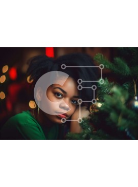 Intra Συλλεκτικό Ξύλινο Παζλ Plywood  4mm - Πορτρέτο μιας νεαρής μαύρης γυναίκας με πράσινο πουκάμισο που στέκεται δίπλα στο χριστουγεννιάτικο δέντρο Σε Ξύλινο Κουτί - Διαστάσεις Puzzle: 10x10 cm – 25 κομμάτια