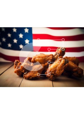 Σετ των 2 Intra Συλλεκτικό Ξύλινο Παζλ Plywood  4mm - Φρεσκοπαρασκευασμένες φτερούγες κοτόπουλου σε ξύλινο τραπέζι με αμερικανική σημαία Σε Ξύλινο Κουτί - Διαστάσεις: 10x10 cm – 25 κομμάτια