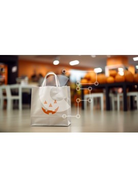 Intra Συλλεκτικό Ξύλινο Παζλ Plywood  4mm - Χάρτινη τσάντα Halloween Jack-O-Lantern στο εστιατόριο Σε Ξύλινο Κουτί - Διαστάσεις Puzzle: 10x10 cm – 25 κομμάτια