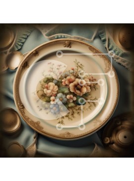 Intra Συλλεκτικό Ξύλινο Παζλ Plywood  4mm - Vintage πιάτο με λουλούδια με τσαγιέρα, μπολ ζάχαρης και κρέμα σε μπλε τραπεζομάντιλο Σε Ξύλινο Κουτί - Διαστάσεις Puzzle: 10x10 cm – 25 κομμάτια