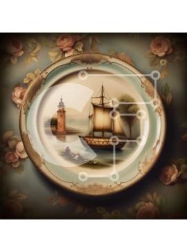 Intra Συλλεκτικό Ξύλινο Παζλ Plywood  4mm - Όμορφο Vintage πιάτο ζωγραφικής ιστιοπλοϊκού σε φλοράλ ταπετσαρία Σε Ξύλινο Κουτί - Διαστάσεις Puzzle: 10x10 cm – 25 κομμάτια