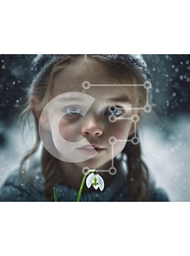 Intra Συλλεκτικό Ξύλινο Παζλ Plywood  4mm - Νεαρό κορίτσι με μπλε μάτια που κρατά ένα λουλούδι χιονοσταλίδας στο χιόνι Σε Ξύλινο Κουτί - Διαστάσεις Puzzle: 10x10 cm – 25 κομμάτια