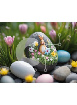 Intra Συλλεκτικό Ξύλινο Παζλ Plywood  4mm - Πασχαλινό λαγουδάκι σε ζωγραφισμένη πέτρα που περιβάλλεται από πολύχρωμα λουλούδια και βράχους Σε Ξύλινο Κουτί - Διαστάσεις Puzzle: 10x10 cm – 25 κομμάτια