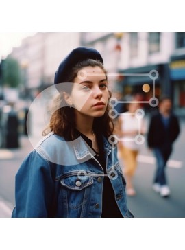 Intra Συλλεκτικό Ξύλινο Παζλ Plywood  4mm - Κομψή γυναίκα με τζιν μπουφάν και μπλε μπερέ που κοιτάζει στην απόσταση Σε Ξύλινο Κουτί - Διαστάσεις Puzzle: 10x10 cm – 25 κομμάτια