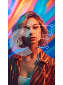 Intra Συλλεκτικό Ξύλινο Παζλ Plywood  4mm - Όμορφη εικόνα μιας ξανθιάς γυναίκας με ριγέ πουκάμισο μπροστά από πολύχρωμο φόντο Σε Ξύλινο Κουτί - Διαστάσεις Puzzle: 10x10 cm – 25 κομμάτια