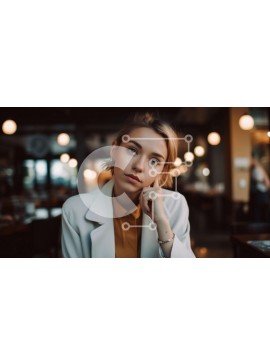 Intra Συλλεκτικό Ξύλινο Παζλ Plywood  4mm - Στοχαστική γυναίκα με λευκό σακάκι και κίτρινο πουκάμισο στο εστιατόριο Dimly Lit Σε Ξύλινο Κουτί - Διαστάσεις Puzzle: 10x10 cm – 25 κομμάτια