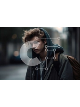 Intra Συλλεκτικό Ξύλινο Παζλ Plywood  4mm - Νεαρός άνδρας που περπατά στο δρόμο της πόλης τη νύχτα με σακίδιο και κουκούλα Σε Ξύλινο Κουτί - Διαστάσεις Puzzle: 10x10 cm – 25 κομμάτια