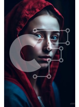 Intra Συλλεκτικό Ξύλινο Παζλ Plywood  4mm - Πορτρέτο μιας γυναίκας με κόκκινο μανδύα με κουκούλα και μπλε μάτια Σε Ξύλινο Κουτί - Διαστάσεις Puzzle: 10x10 cm – 25 κομμάτια