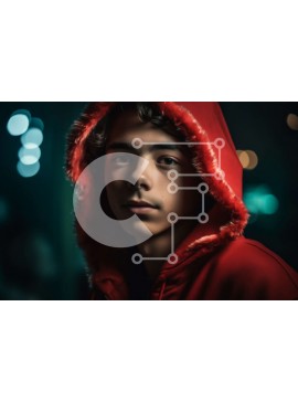 Intra Συλλεκτικό Ξύλινο Παζλ Plywood  4mm - Νεαρό άτομο με κόκκινο κουκούλα με φώτα Bokeh Σε Ξύλινο Κουτί - Διαστάσεις Puzzle: 10x10 cm – 25 κομμάτια