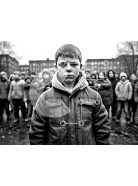 Intra Συλλεκτικό Ξύλινο Παζλ Plywood  4mm - Σοβαρή εικόνα του νεαρού αγοριού με μαύρο κουκούλα που στέκεται μπροστά από μια ομάδα ανθρώπων Σε Ξύλινο Κουτί - Διαστάσεις Puzzle: 10x10 cm – 25 κομμάτια