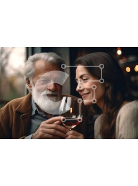 Intra Συλλεκτικό Ξύλινο Παζλ Plywood  4mm - Ευτυχισμένο ηλικιωμένο ζευγάρι που πίνει κρασί στο εστιατόριο Σε Ξύλινο Κουτί - Διαστάσεις Puzzle: 10x10 cm – 25 κομμάτια