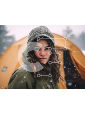 Intra Συλλεκτικό Ξύλινο Παζλ Plywood  4mm - Εκπληκτική φωτογραφία γυναίκας με πράσινο σακάκι και κίτρινο κουκούλα μπροστά από μια σκηνή στο χιόνι Σε Ξύλινο Κουτί - Διαστάσεις: 10x10 cm – 25 κομμάτια