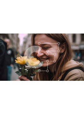Intra Συλλεκτικό Ξύλινο Παζλ Plywood  4mm - Ευτυχισμένη γυναίκα που κρατά ένα μπουκέτο με κίτρινα λουλούδια σε μια πολυσύχναστη οδό της πόλης Σε Ξύλινο Κουτί - Διαστάσεις Puzzle: 10x10 cm – 25 κομμάτια