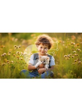 Intra Συλλεκτικό Ξύλινο Παζλ Plywood  4mm - Ειρηνική εικόνα ενός αγοριού και μιας γατούλας σε ένα χωράφι Σε Ξύλινο Κουτί - Διαστάσεις Puzzle: 10x10 cm – 25 κομμάτια