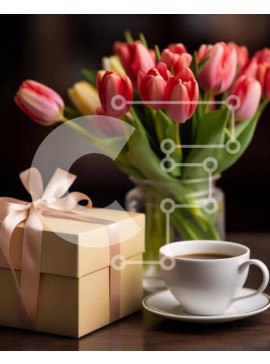 Σετ των 2 Intra Συλλεκτικό Ξύλινο Παζλ Plywood  4mm - Φλιτζάνι καφέ με τουλίπες και κουτί δώρου Σε Ξύλινο Κουτί - Διαστάσεις: 10x10 cm – 25 κομμάτια