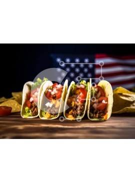 Σετ των 2 Intra Συλλεκτικό Ξύλινο Παζλ Plywood  4mm - Τέσσερα Tacos σε ξύλινο τραπέζι με αμερικανική σημαία στο φόντο Σε Ξύλινο Κουτί - Διαστάσεις: 10x10 cm – 25 κομμάτια