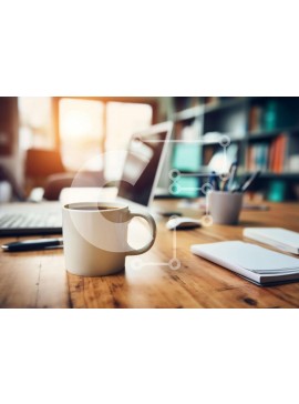 Intra Συλλεκτικό Ξύλινο Παζλ Plywood  4mm - Κούπα καφέ σε ξύλινο γραφείο με φορητό υπολογιστή και βιβλία Σε Ξύλινο Κουτί - Διαστάσεις Puzzle: 10x10 cm – 25 κομμάτια