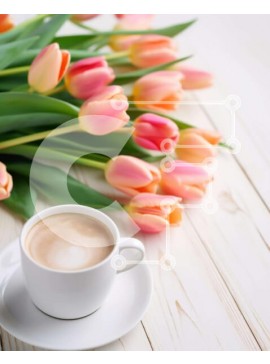 Σετ των 2 Intra Συλλεκτικό Ξύλινο Παζλ Plywood  4mm - Φλιτζάνι καφέ και τουλίπες σε ξύλινο τραπέζι Σε Ξύλινο Κουτί - Διαστάσεις: 10x10 cm – 25 κομμάτια