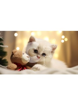 Intra Συλλεκτικό Ξύλινο Παζλ Plywood  4mm - Λευκό γατάκι με διακοσμημένο αρκουδάκι σε εορταστικό σκηνικό Σε Ξύλινο Κουτί - Διαστάσεις Puzzle: 10x10 cm – 25 κομμάτια