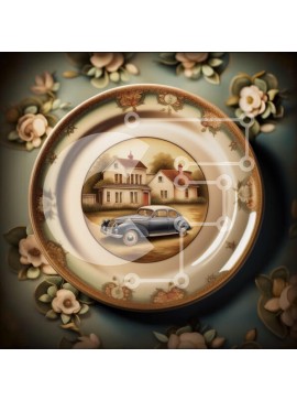 Intra Συλλεκτικό Ξύλινο Παζλ Plywood  4mm - Γοητευτικό Vintage αυτοκίνητο μπροστά από ένα όμορφο σπίτι με φράχτη και λουλούδια Σε Ξύλινο Κουτί - Διαστάσεις Puzzle: 10x10 cm – 25 κομμάτια