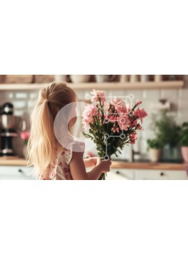 Intra Συλλεκτικό Ξύλινο Παζλ Plywood  4mm - Νεαρό κορίτσι με ροζ λουλούδια στην κουζίνα Σε Ξύλινο Κουτί - Διαστάσεις Puzzle: 10x10 cm – 25 κομμάτια